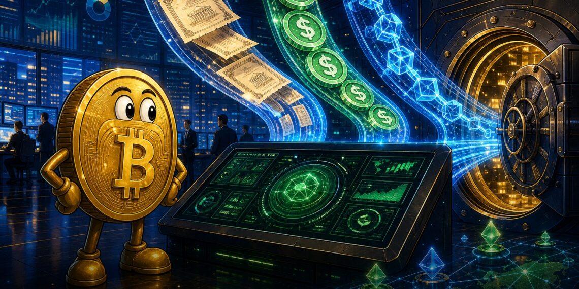 Ilustração editorial sobre BlackRock, Ethena, USDe, BUIDL e stablecoins tokenizadas