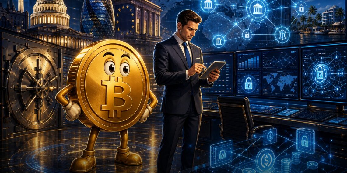 Ilustração editorial sobre IRACE Digital integrando bancos, stablecoins e cripto