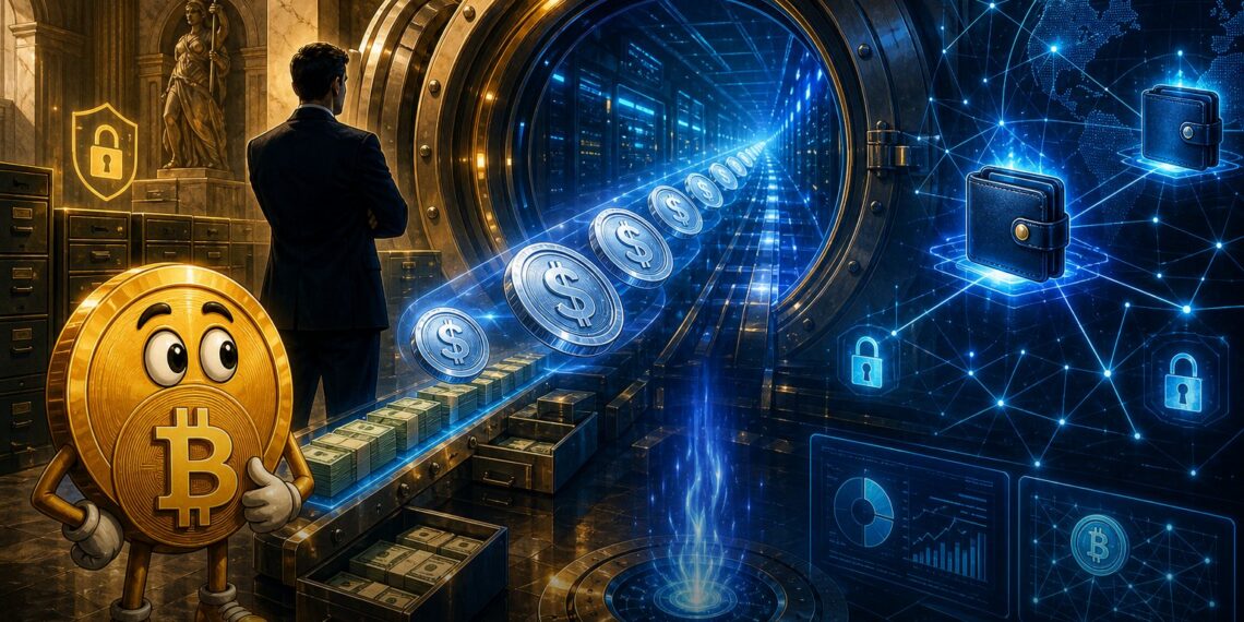 Ilustração editorial de banco institucional conectando USDC, dólar e custódia digital
