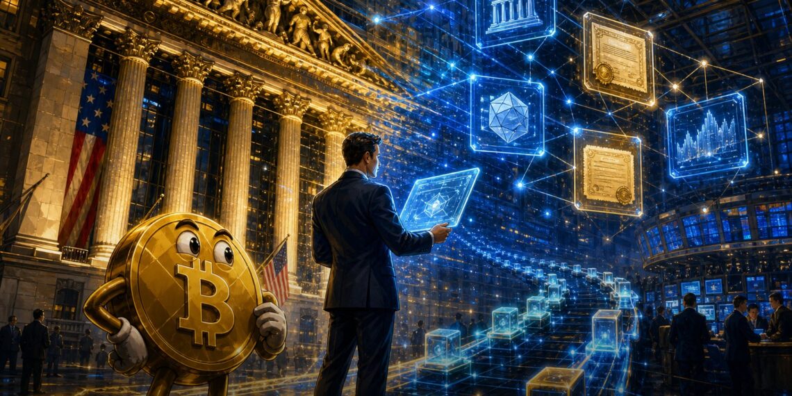 Ilustração editorial sobre Securitize, tokenização e estreia na NYSE