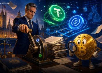 Ilustração editorial sobre Reino Unido reduzindo exigência regulatória para emissores de stablecoins