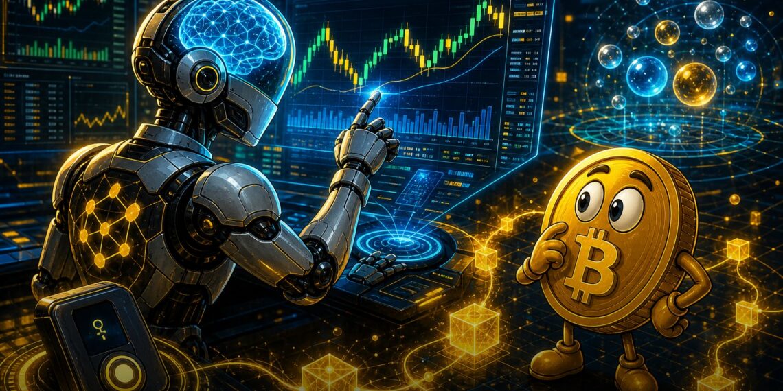 Ilustração editorial de agente de IA operando mercados na BNB Chain