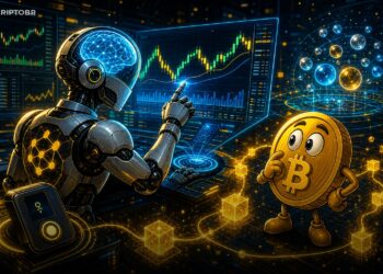 Ilustração editorial de agente de IA operando mercados na BNB Chain
