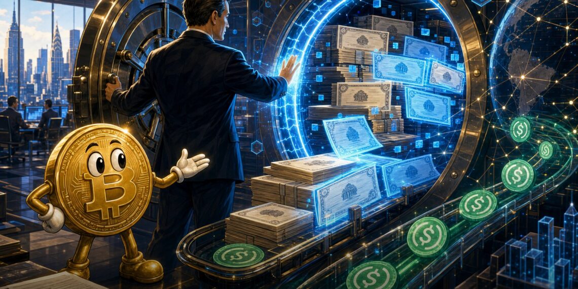 Ilustração editorial sobre New York Life levando fundo de bonds corporativos para infraestrutura blockchain com USDC