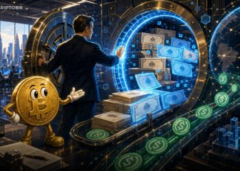 Ilustração editorial sobre New York Life levando fundo de bonds corporativos para infraestrutura blockchain com USDC