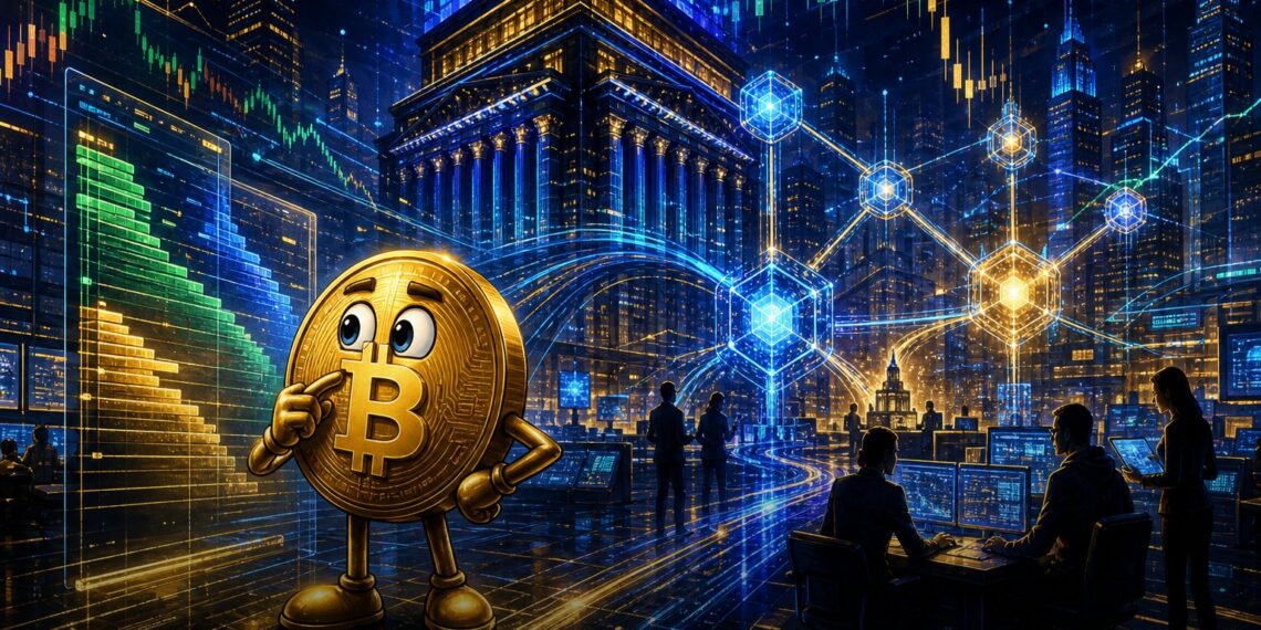 Ilustração editorial sobre a Nasdaq levando dados de mercado à blockchain via Pyth