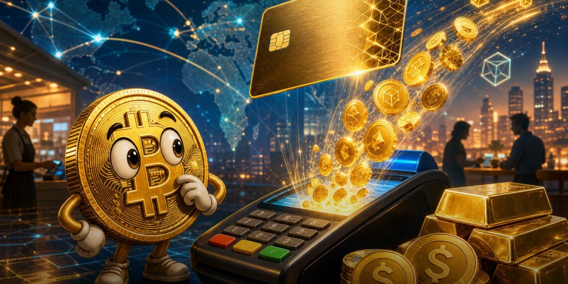 Ilustração editorial de cartão Visa ligado a ouro tokenizado e ativos digitais
