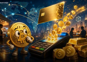 Ilustração editorial de cartão Visa ligado a ouro tokenizado e ativos digitais