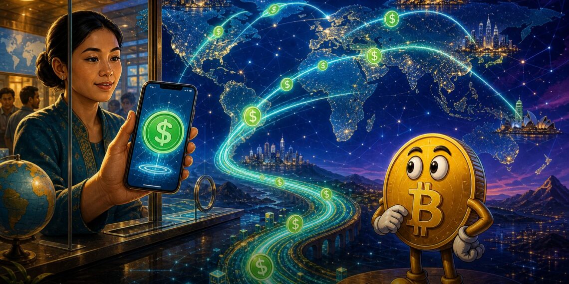 Ilustração editorial sobre a stablecoin MGUSD da MoneyGram em trilhos globais de pagamentos na Stellar