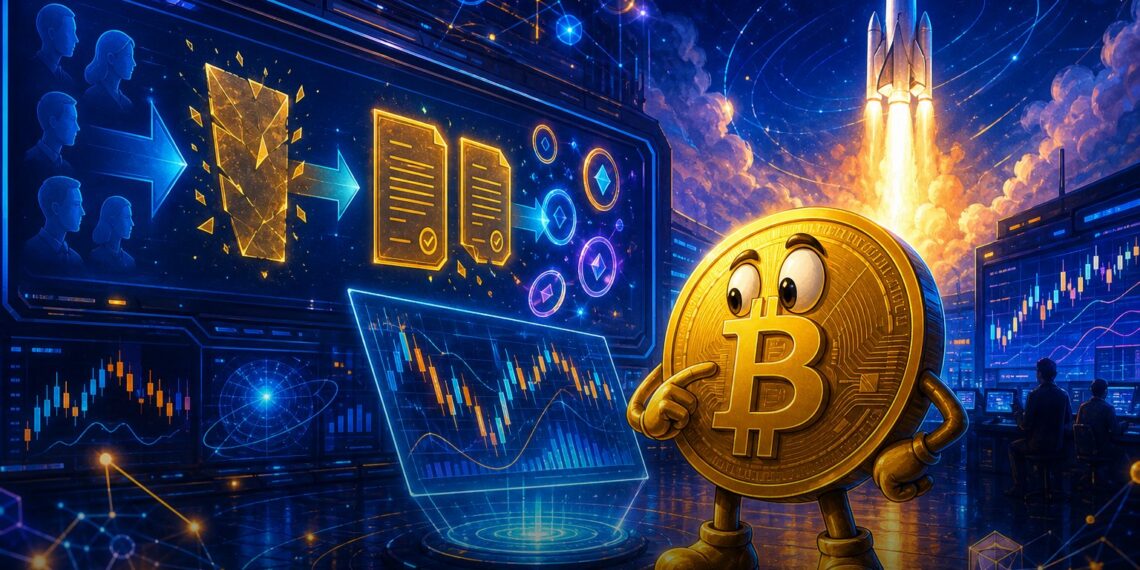 Ilustração editorial sobre Coinbase lançando contratos perpétuos pré-IPO ligados à SpaceX