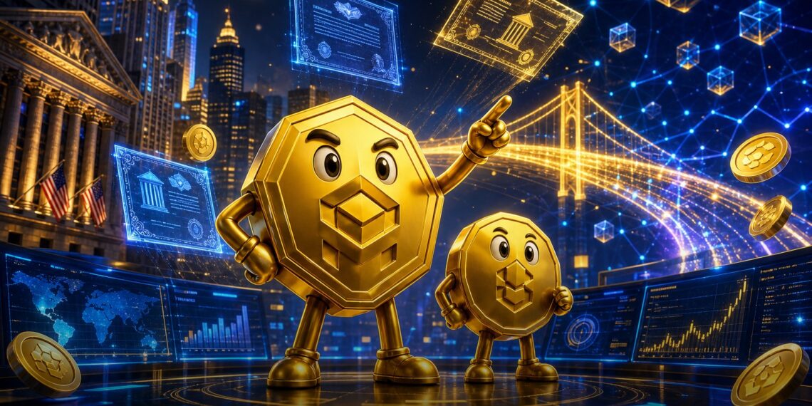 Ilustração editorial da Binance conectando ações dos EUA a ativos tokenizados na BNB Chain