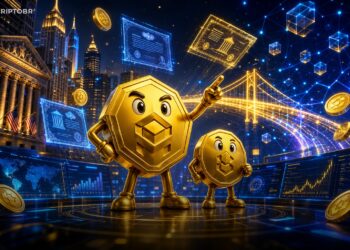 Ilustração editorial da Binance conectando ações dos EUA a ativos tokenizados na BNB Chain