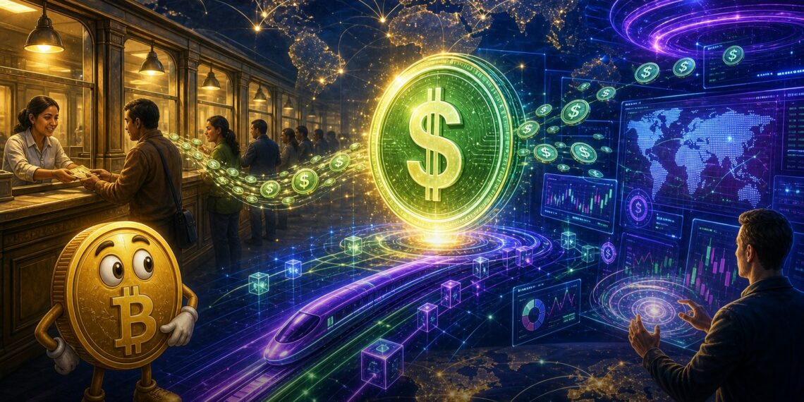 Ilustração editorial sobre Bybit integrando a stablecoin USDPT da Western Union