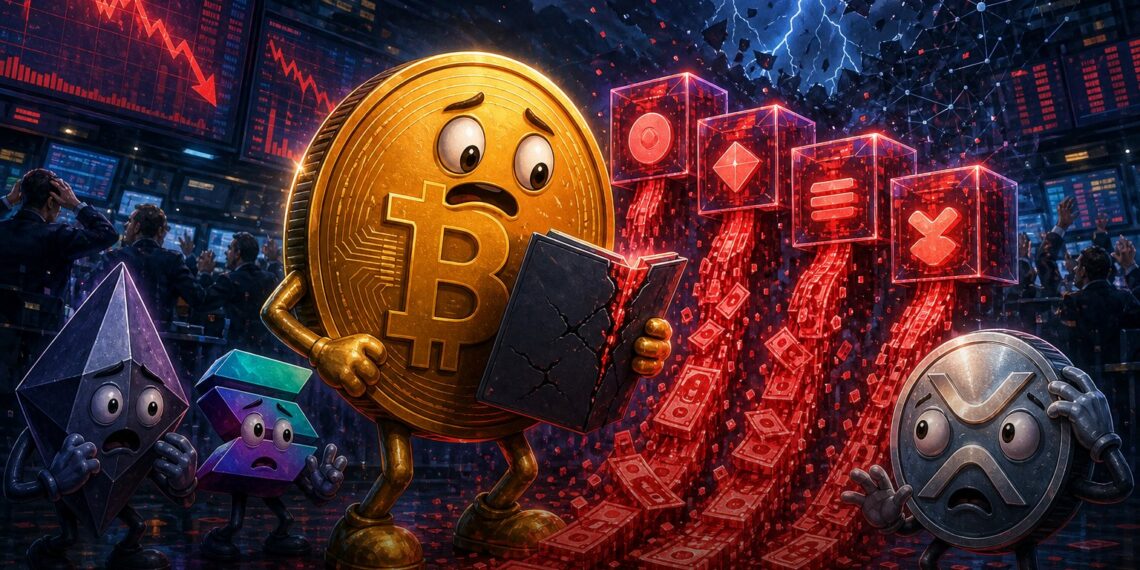 Ilustração editorial sobre saídas de capital em ETFs cripto com Bitcoin e altcoins sob pressão