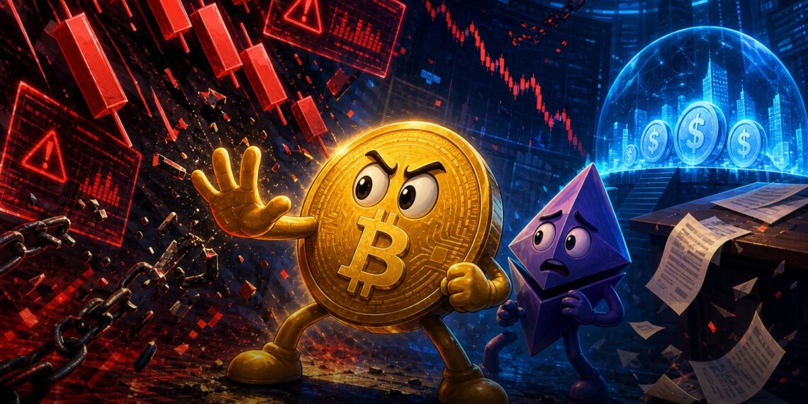Ilustração editorial de Bitcoin e Ethereum em queda de mercado com liquidações cripto