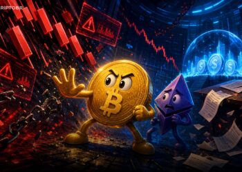 Ilustração editorial de Bitcoin e Ethereum em queda de mercado com liquidações cripto