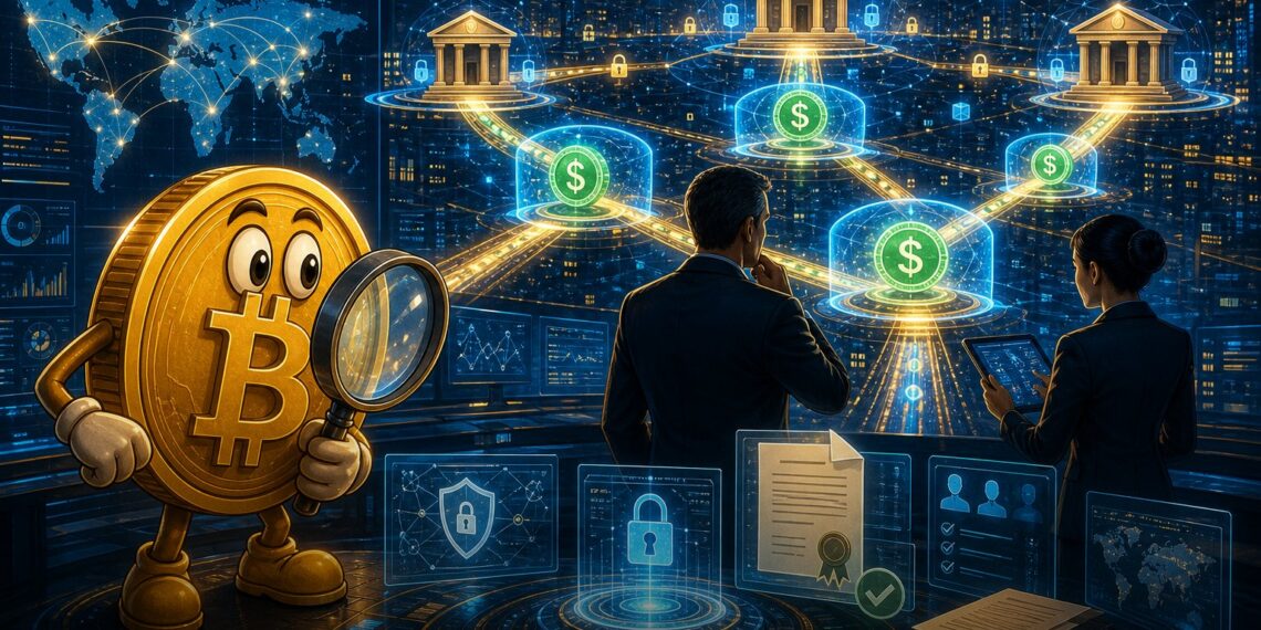 Ilustração de stablecoins privadas conectando bancos em uma rede blockchain institucional com mascote Bitcoin.