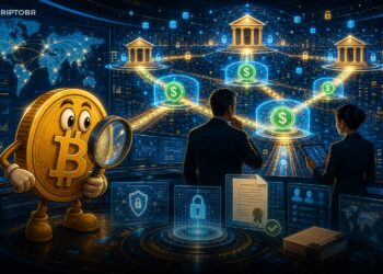 Ilustração de stablecoins privadas conectando bancos em uma rede blockchain institucional com mascote Bitcoin.