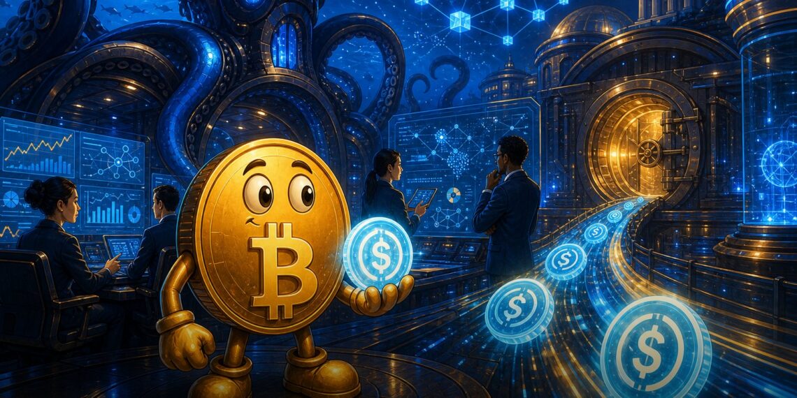 Ilustração editorial sobre Kraken, Tempo e infraestrutura de pagamentos com stablecoins