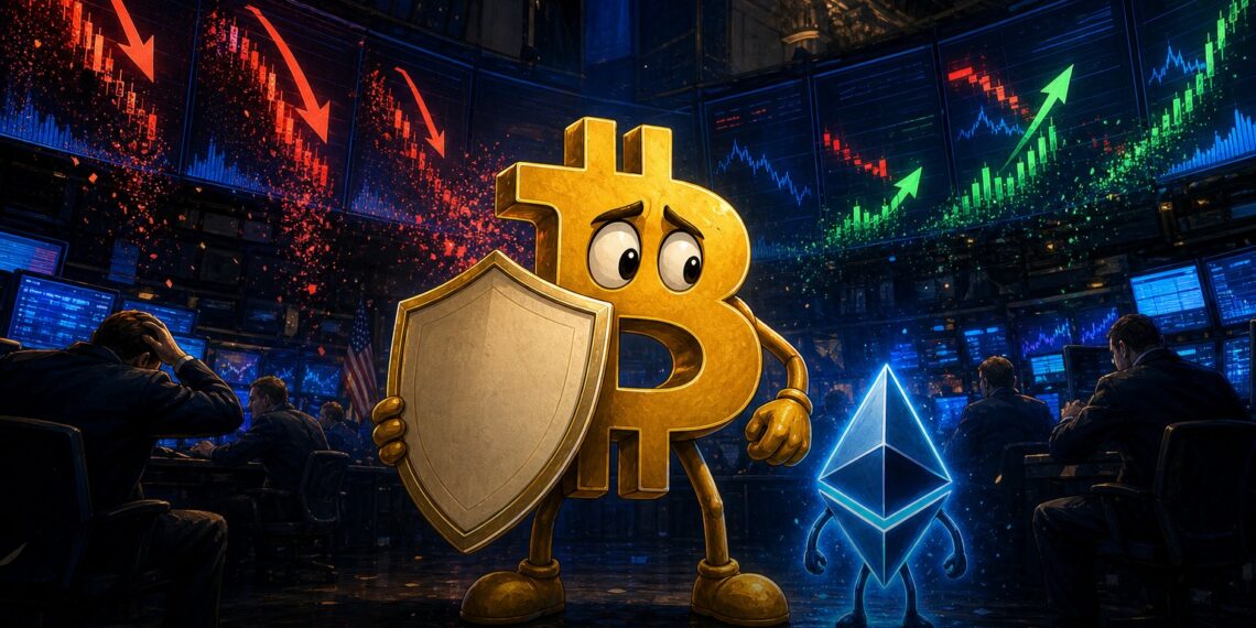 Ilustração editorial sobre ETFs de Bitcoin e Ether voltando a registrar entradas após sequência de saques