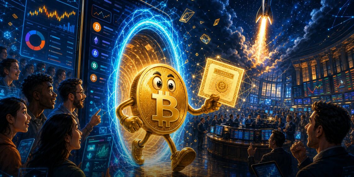 Ilustração editorial sobre Kraken, xStocks e IPO tokenizado da SpaceX
