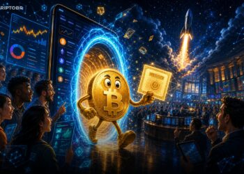 Ilustração editorial sobre Kraken, xStocks e IPO tokenizado da SpaceX