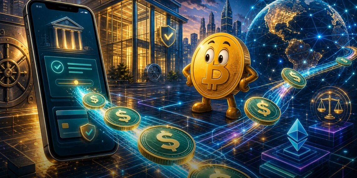 Ilustração editorial de stablecoin bancária SoFiUSD conectando app financeiro a redes Ethereum e Solana