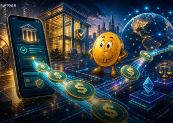 Ilustração editorial de stablecoin bancária SoFiUSD conectando app financeiro a redes Ethereum e Solana