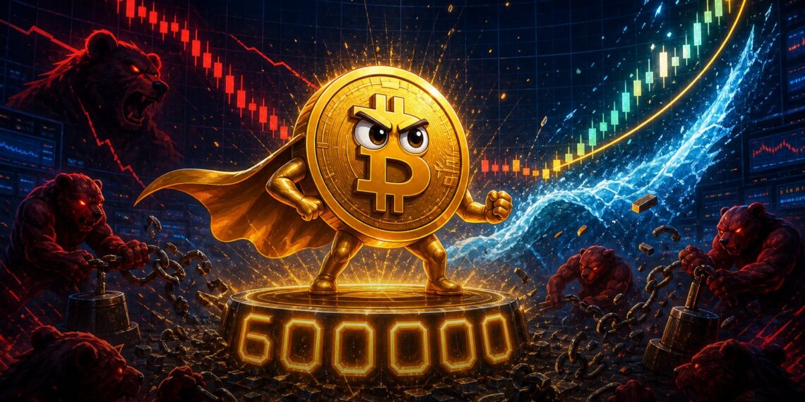 Ilustração editorial do Bitcoin defendendo suporte de US$ 60 mil em meio a pressão vendedora