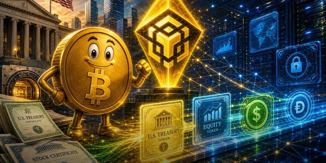 Ilustração editorial sobre BNB Chain, Bitcoin e ativos do mundo real tokenizados chegando a US$ 3,6 bilhões.