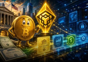 Ilustração editorial sobre BNB Chain, Bitcoin e ativos do mundo real tokenizados chegando a US$ 3,6 bilhões.