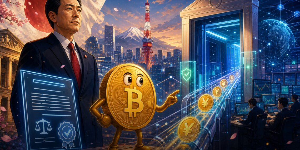 Ilustração editorial sobre Japão, ETFs cripto e stablecoin em iene