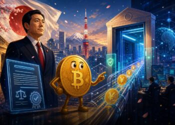 Ilustração editorial sobre Japão, ETFs cripto e stablecoin em iene