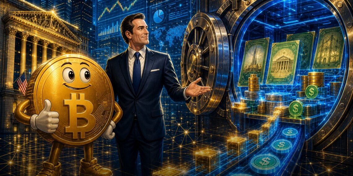 Ilustração editorial sobre Abra, Wall Street e produtos financeiros tokenizados em blockchain