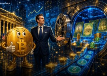 Ilustração editorial sobre Abra, Wall Street e produtos financeiros tokenizados em blockchain