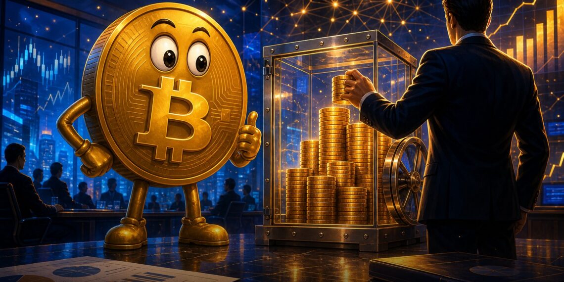 Ilustração editorial de mascote Bitcoin em cofre corporativo representando nova compra de BTC pela Strategy