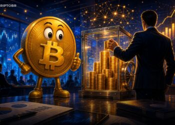 Ilustração editorial de mascote Bitcoin em cofre corporativo representando nova compra de BTC pela Strategy