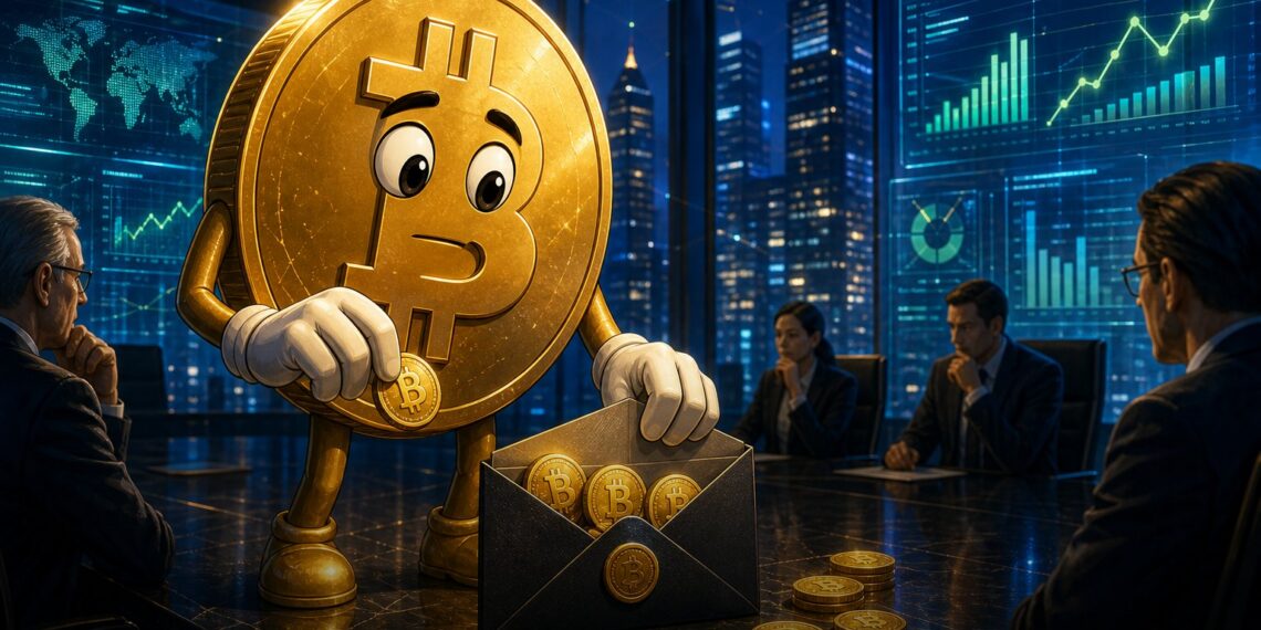 Ilustração editorial da Strategy vendendo uma pequena fatia de Bitcoin para pagar dividendos preferenciais