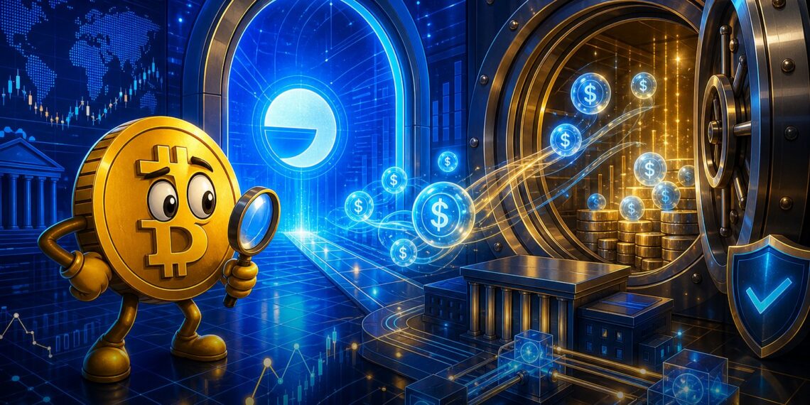 Ilustração editorial sobre Coinbase, Ethena e poupança onchain com dólares sintéticos e custódia institucional