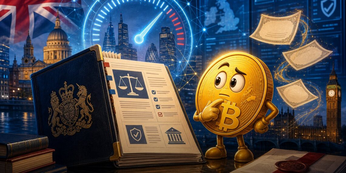 Ilustração editorial sobre proposta da FCA para limitar exposição cripto em fundos do Reino Unido