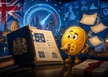 Ilustração editorial sobre proposta da FCA para limitar exposição cripto em fundos do Reino Unido