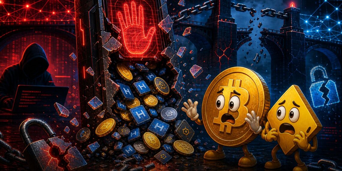 Ilustração editorial de ataque hacker ao Humanity Protocol com tokens H e BNB Chain