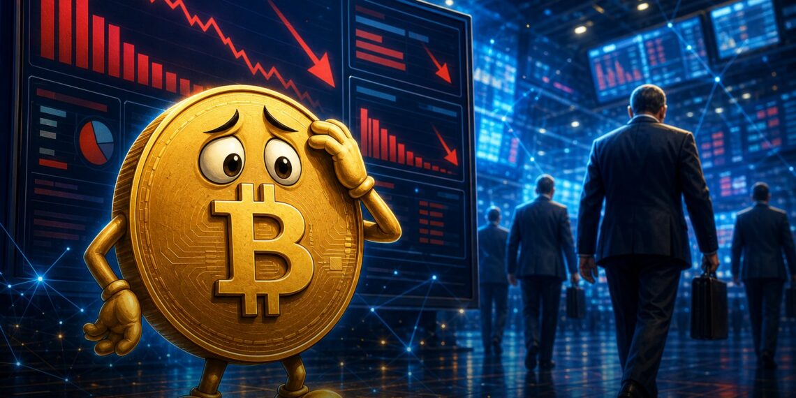 Ilustração editorial do Bitcoin diante de painel de ETFs em queda