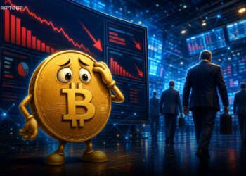 Ilustração editorial do Bitcoin diante de painel de ETFs em queda