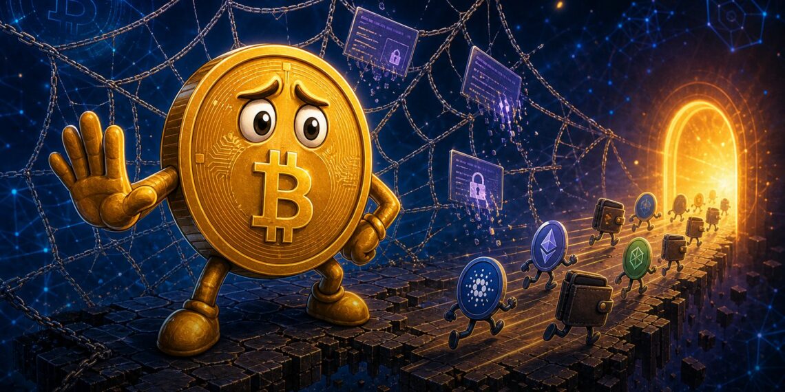 Ilustração editorial de Bitcoin diante de uma rede DeFi sendo encerrada
