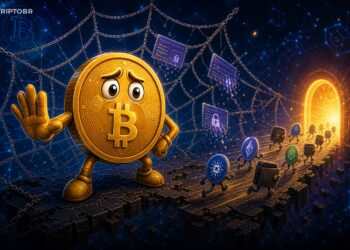 Ilustração editorial de Bitcoin diante de uma rede DeFi sendo encerrada