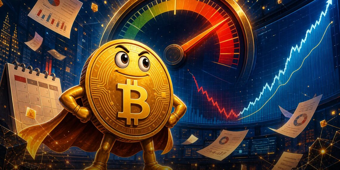 Ilustração editorial do mascote Bitcoin diante de gráfico de inflação dos EUA e reação do mercado cripto