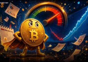 Ilustração editorial do mascote Bitcoin diante de gráfico de inflação dos EUA e reação do mercado cripto