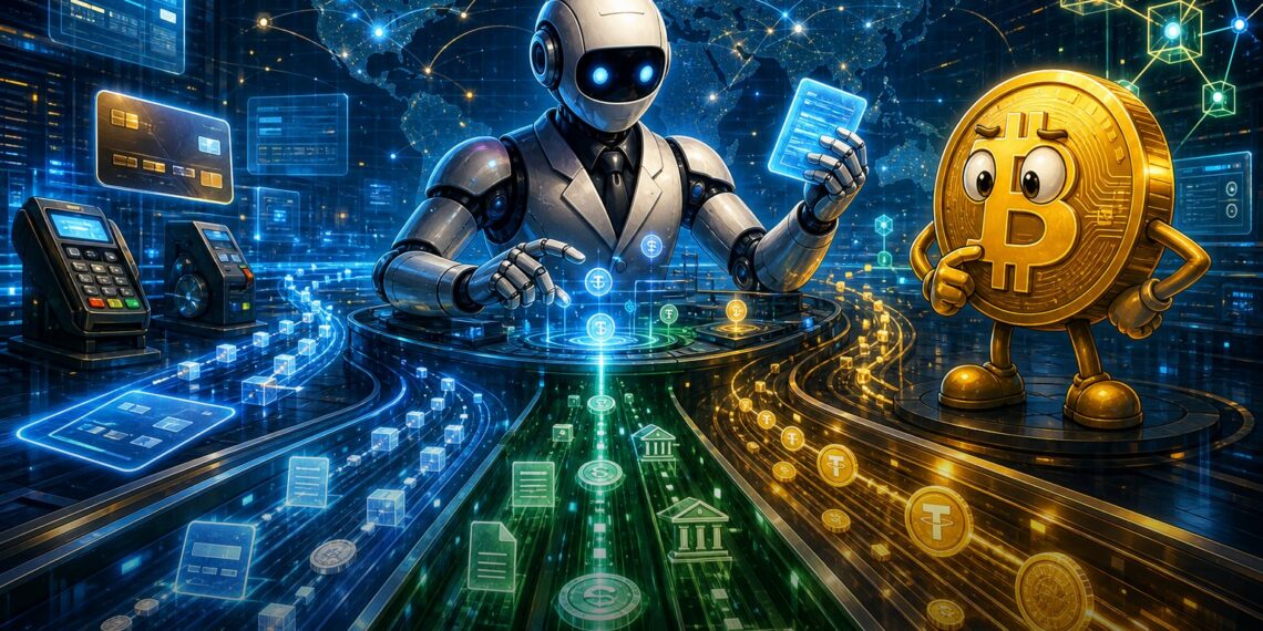 Ilustração editorial de agentes de IA conectando pagamentos com stablecoins e Bitcoin