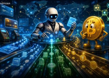 Ilustração editorial de agentes de IA conectando pagamentos com stablecoins e Bitcoin
